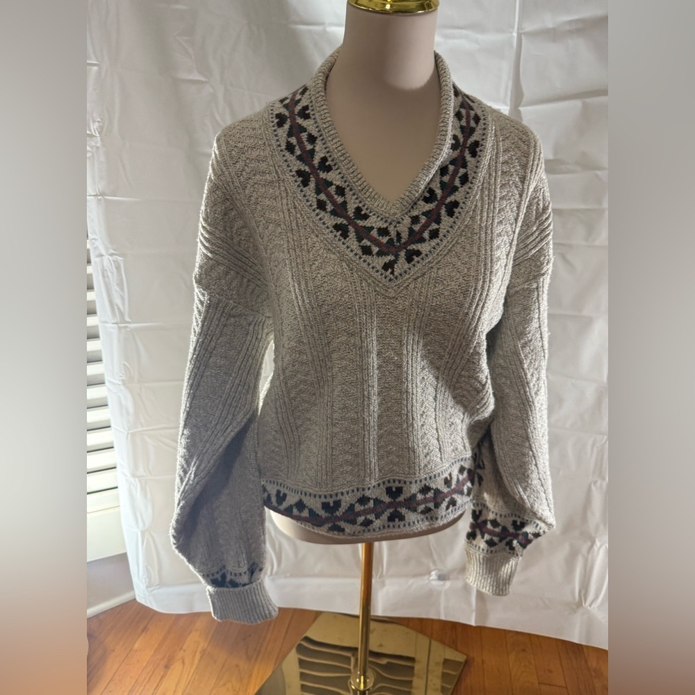 Vintage Geoffrey Beene USA Cotton Sweater Fair Isle V Neck Knit Women M